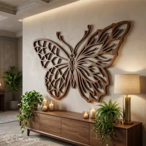 Wooden wall art decor made from a Butterfly Laser Cut SVG file, featuring a split design with half geometric polygons and half floral leaves over a console table.