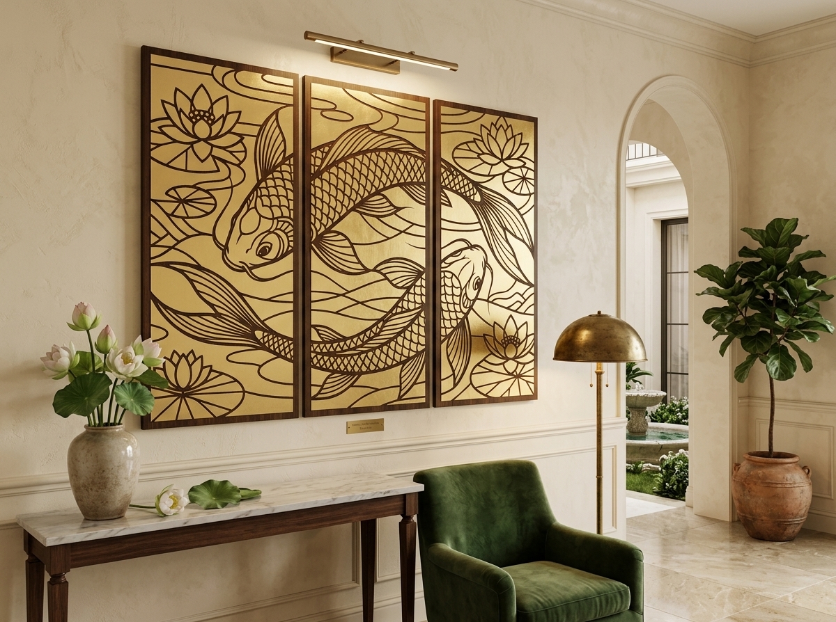 3 Panel Koi Fish & Lotus CNC Router & Laser Cut File | Triptych Metal Wall Art SVG, DXF - Image 3