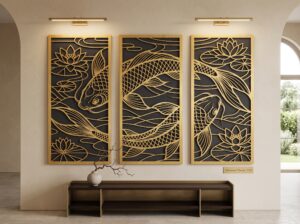 3 Panel Koi Fish & Lotus CNC Router & Laser Cut File | Triptych Metal Wall Art SVG, DXF