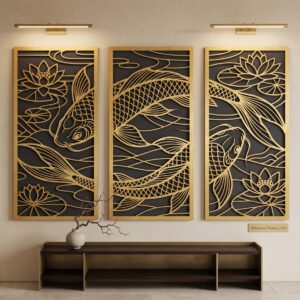 3 Panel Koi Fish & Lotus CNC Router & Laser Cut File | Triptych Metal Wall Art SVG, DXF