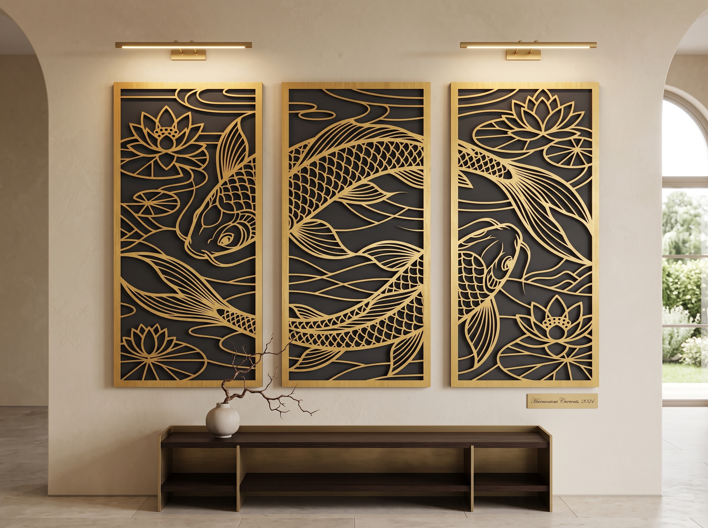 3 Panel Koi Fish & Lotus CNC Router & Laser Cut File | Triptych Metal Wall Art SVG, DXF