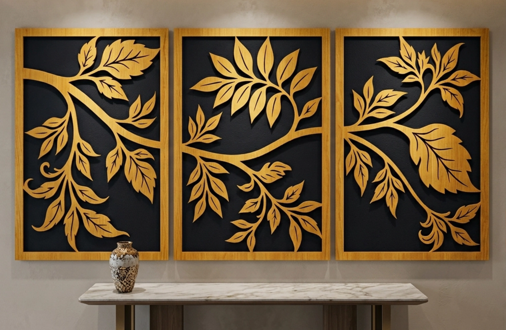 3-Panel Botanical Leaf Branch CNC File | Modern Triptych Wall Art SVG, DXF