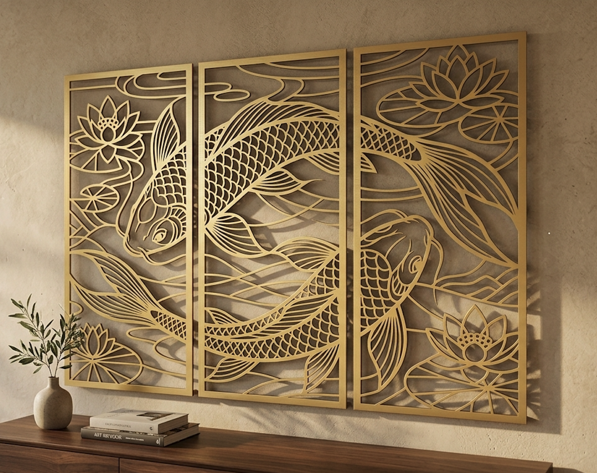 3 Panel Koi Fish & Lotus CNC Router & Laser Cut File | Triptych Metal Wall Art SVG, DXF - Image 4