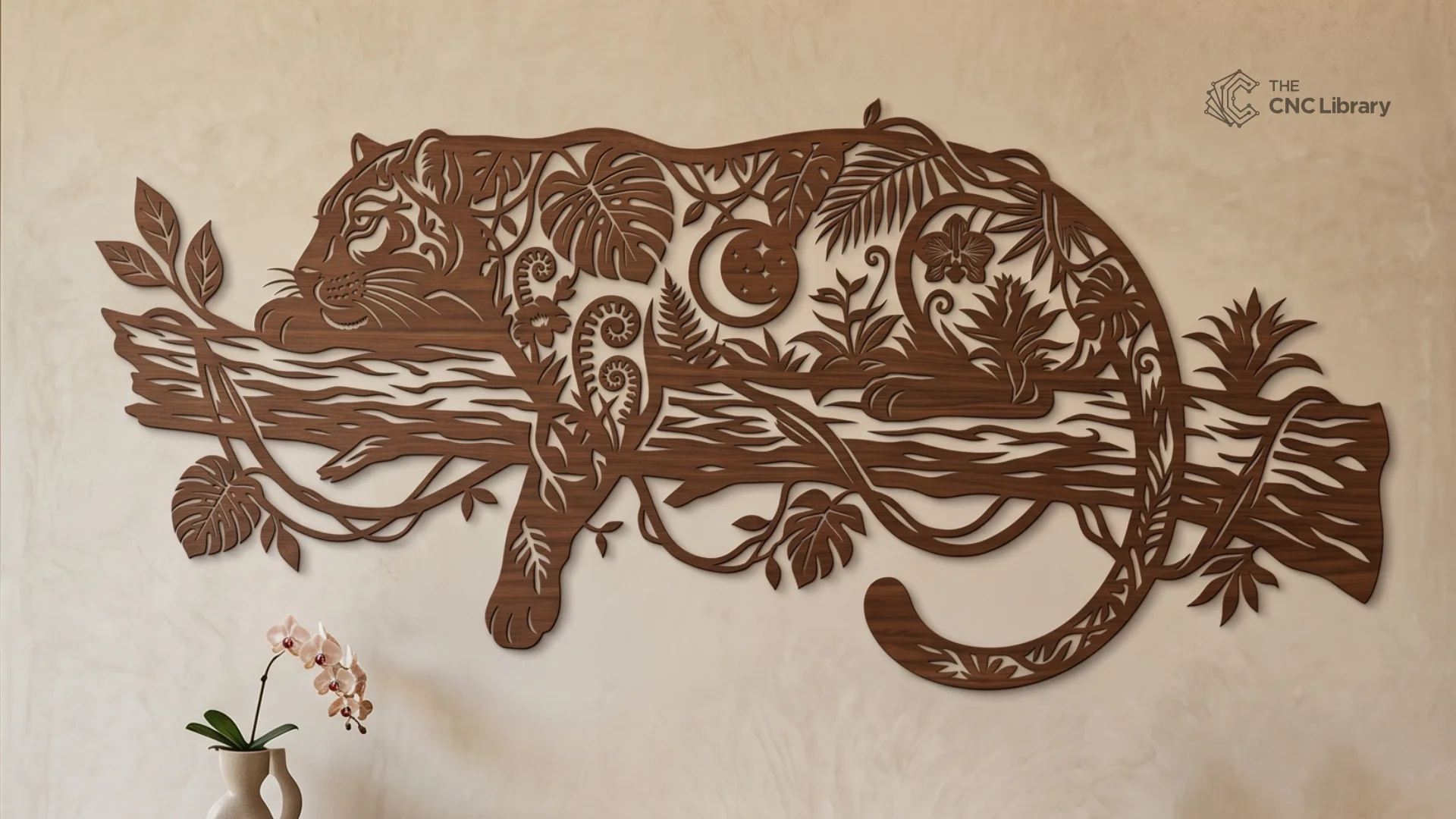 Botanical Leopard Jungle Wall Art - Tropical Leaves & Panther Laser Cut File
