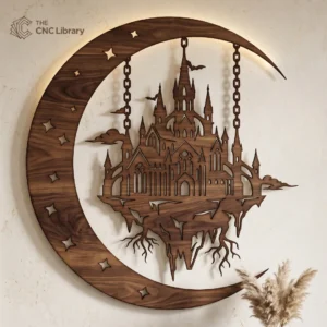 Gothic Floating Castle Crescent Moon Wall Art - Celestial Laser Cut File