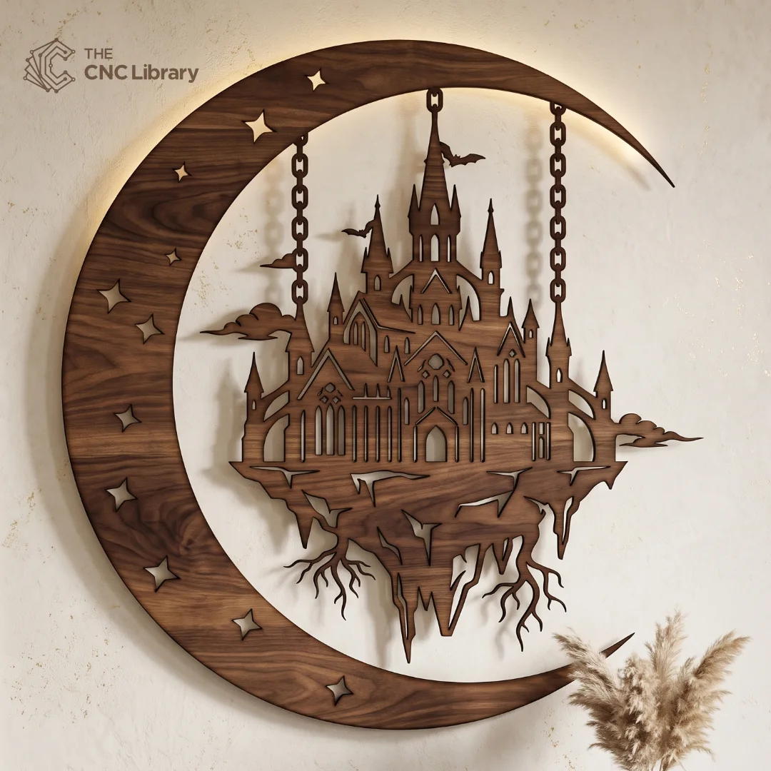 Gothic Floating Castle Crescent Moon Wall Art - Celestial Laser Cut File