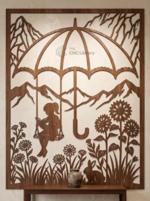 Girl Reading on Swing Laser Cut File - Whimsical Umbrella Wood Art