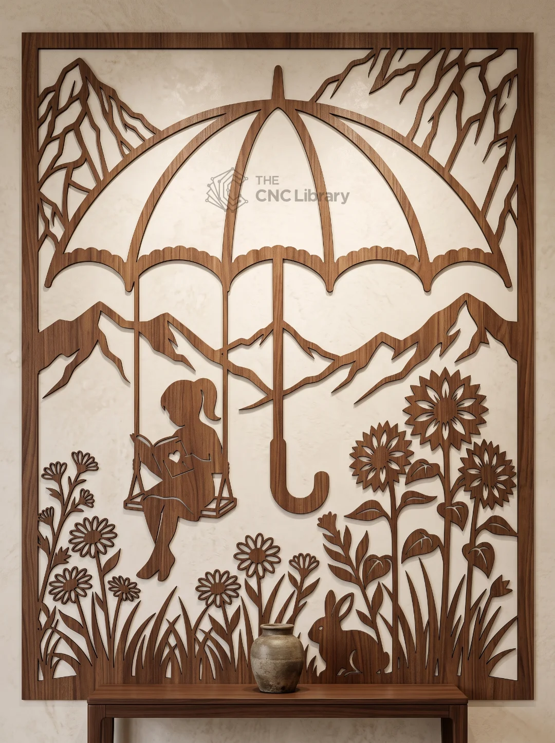 Girl Reading on Swing Laser Cut File - Whimsical Umbrella Wood Art