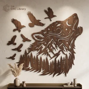 Howling Wolf Mountain Forest Wall Art - Celestial Laser Cut Silhouette