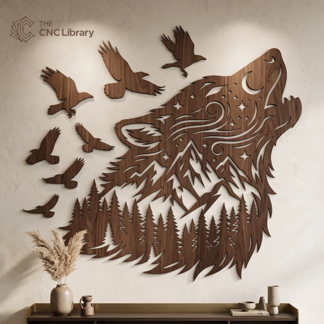 Howling Wolf Mountain Forest Wall Art - Celestial Laser Cut Silhouette