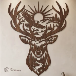 Majestic Deer & Soaring Eagle Mountain Forest Wall Art - Rustic Stag Landscape Laser Cut File