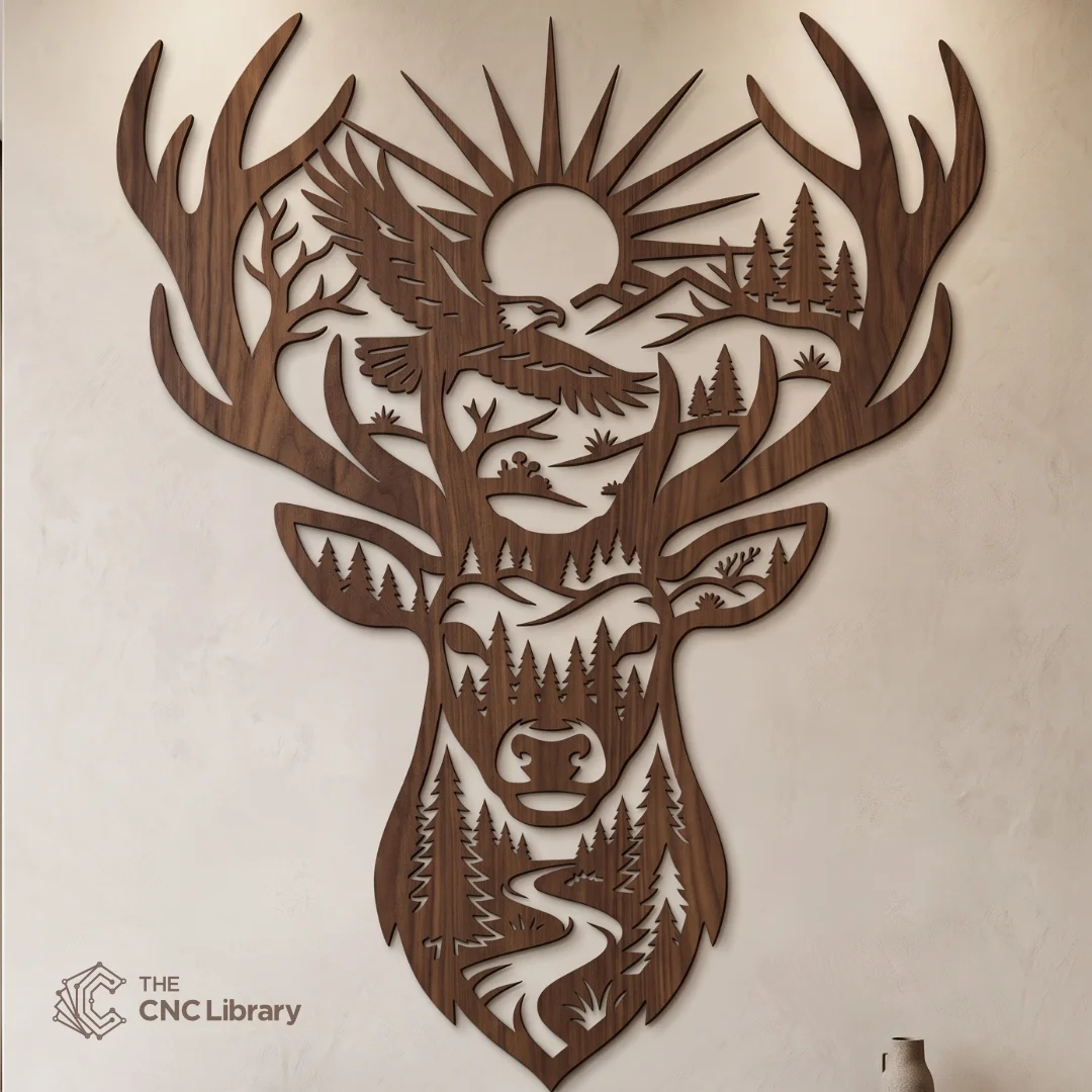 Majestic Deer & Soaring Eagle Mountain Forest Wall Art - Rustic Stag Landscape Laser Cut File