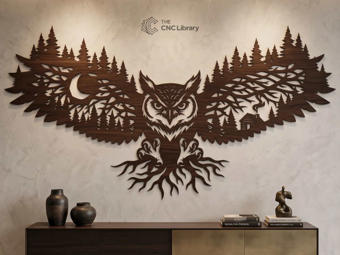 Forest Owl Landscape Wall Art - Majestic Pine Cabin Laser Cut File