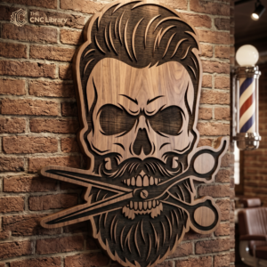 Barber Shop Skull with Scissors 3D Wood Wall Art CNC & Laser Cut File