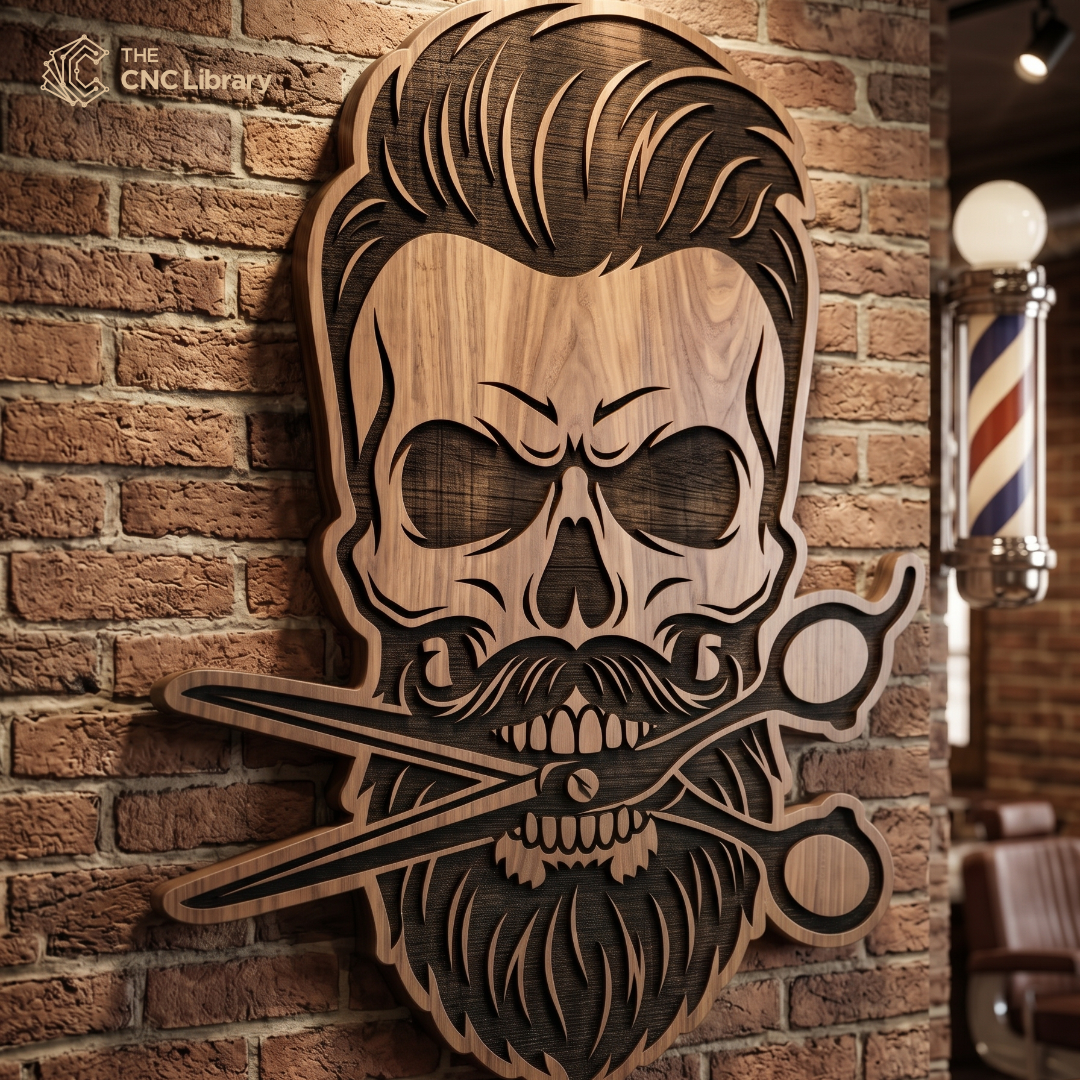 Barber Shop Skull with Scissors 3D Wood Wall Art CNC & Laser Cut File