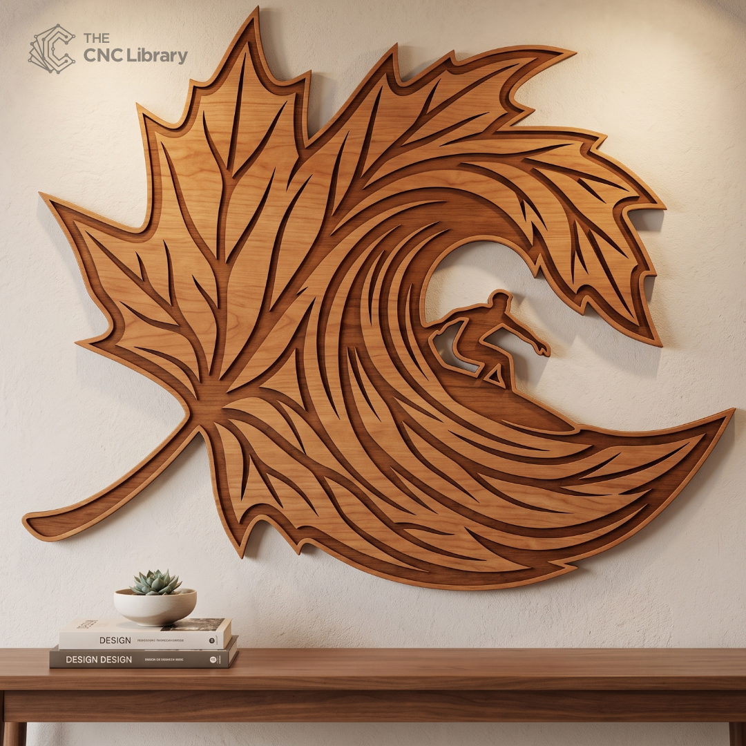 Surfer Wave Maple Leaf 3D Wood Wall Art CNC & Laser Cut File - Image 2